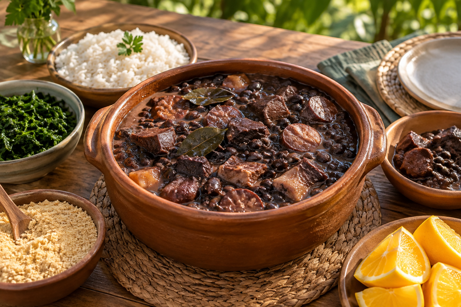 Feijoada servida em panela de barro com acompanhamentos tradicionais